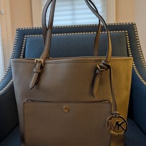 Michael Kors Taupe Saffiano Leather Tote with MK Charm